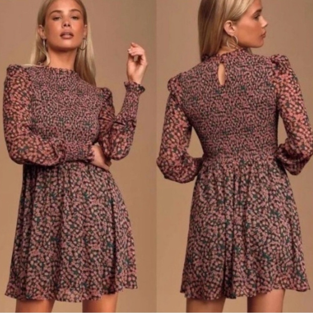 LULUS FLORAL Forever Green and Pink Floral Print
Smocked Skater DRESS XL